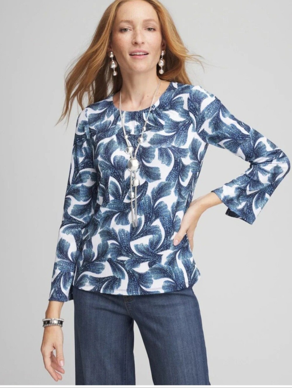 NWT Chico's Women’s Ribbed Ruched-Neck Blue Floral Print Long-Sleeve Top Size L
